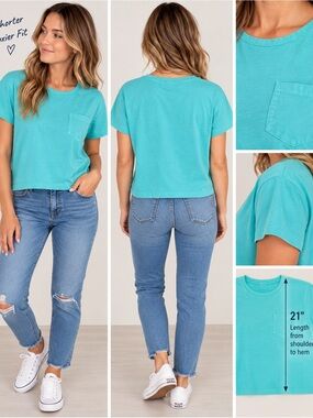 J.Crew Factory Aqua Teal Boxy Pocket Tee Size M 100% Cotton